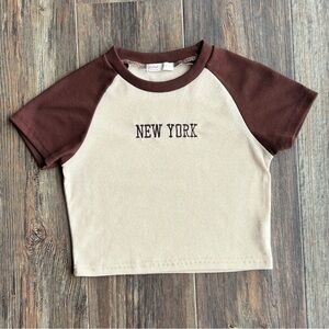 ROMWE New York Baby Tee Size Small Cropped Top S/S Shirt Ribbed Brown Tan